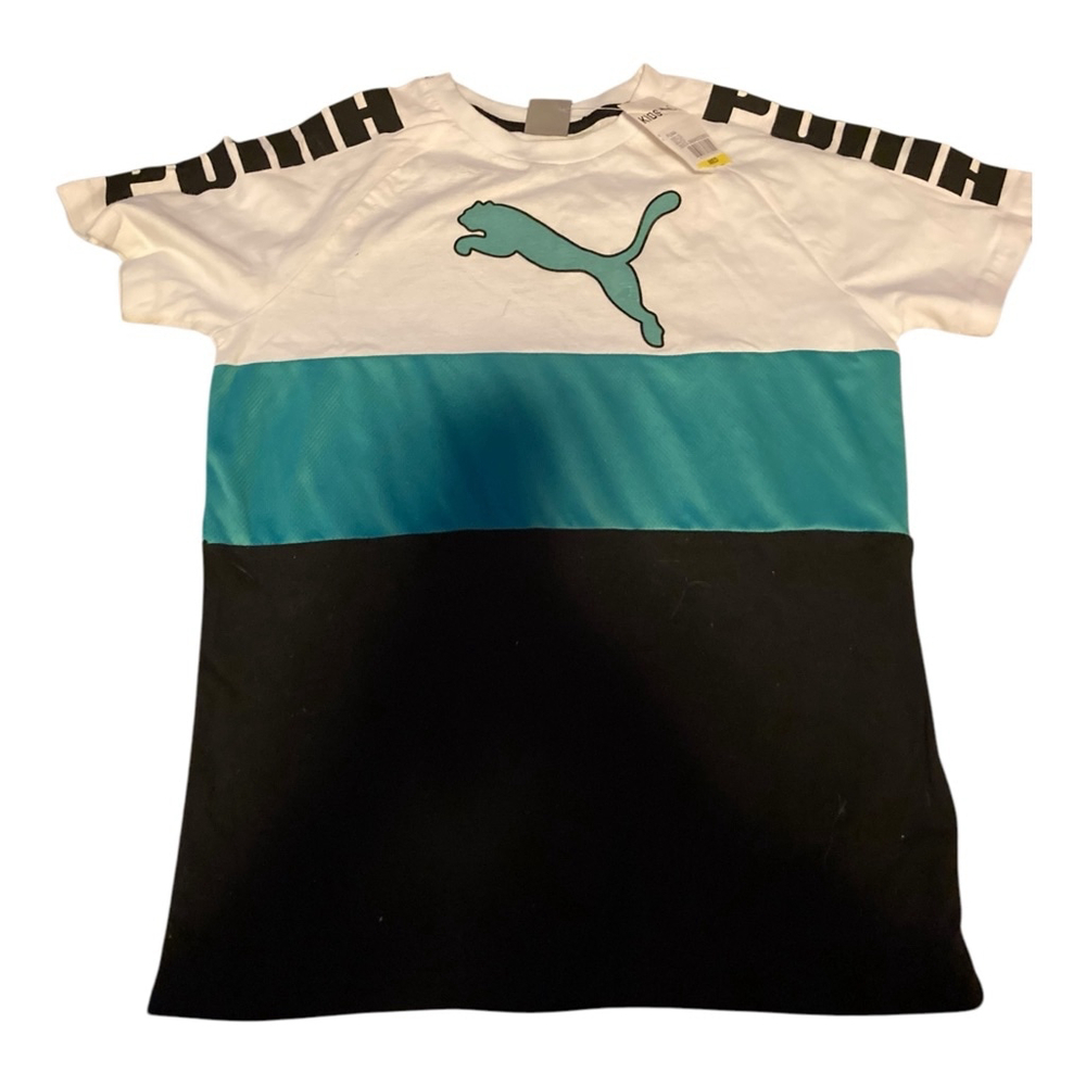 PUMA KIDS ESSENTIALS BLOCK T-SHIRT With Tags Blue White Black Stripes. Size Med